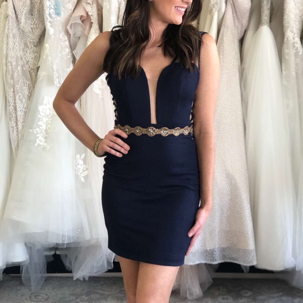 Short, Navy fitted Mini Dress with low back/cutout